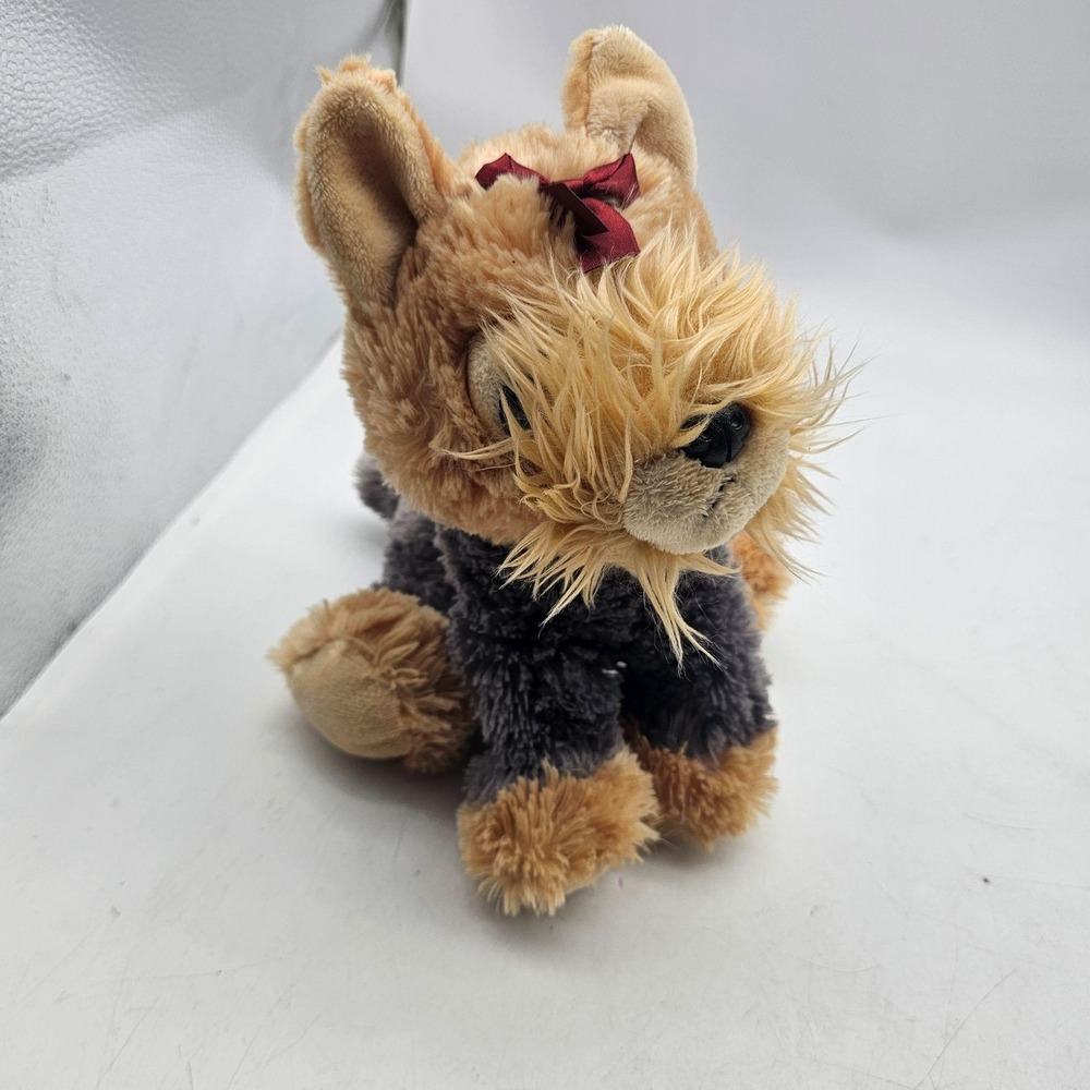 Aurora Yorkie Dog Plush Stuffed Animal Toy Small Brown Gray Cute Bow Soft